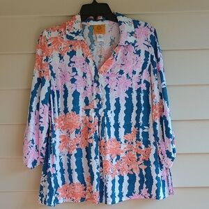 Ruby Rd. Floral‎ Striped Blouse - Blue, Pink, White